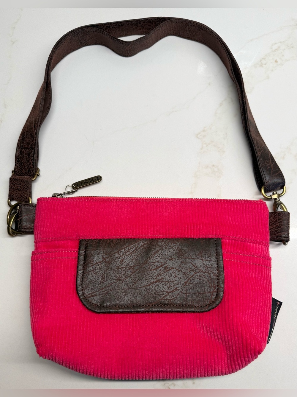 RSD Olivia Fuchsia Corduroy Crossbody Brown Faux Leather Like New